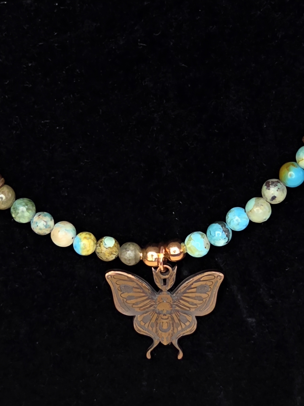 Turquoise and Copper Beaded Necklace With Death's Head Moth Pendant - Picture 2 of 6